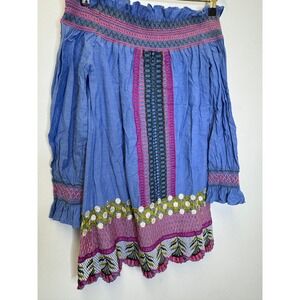 Red Carter Blue Cotton Embroidered‎ Off Shoulder Boho Peasant Top Small